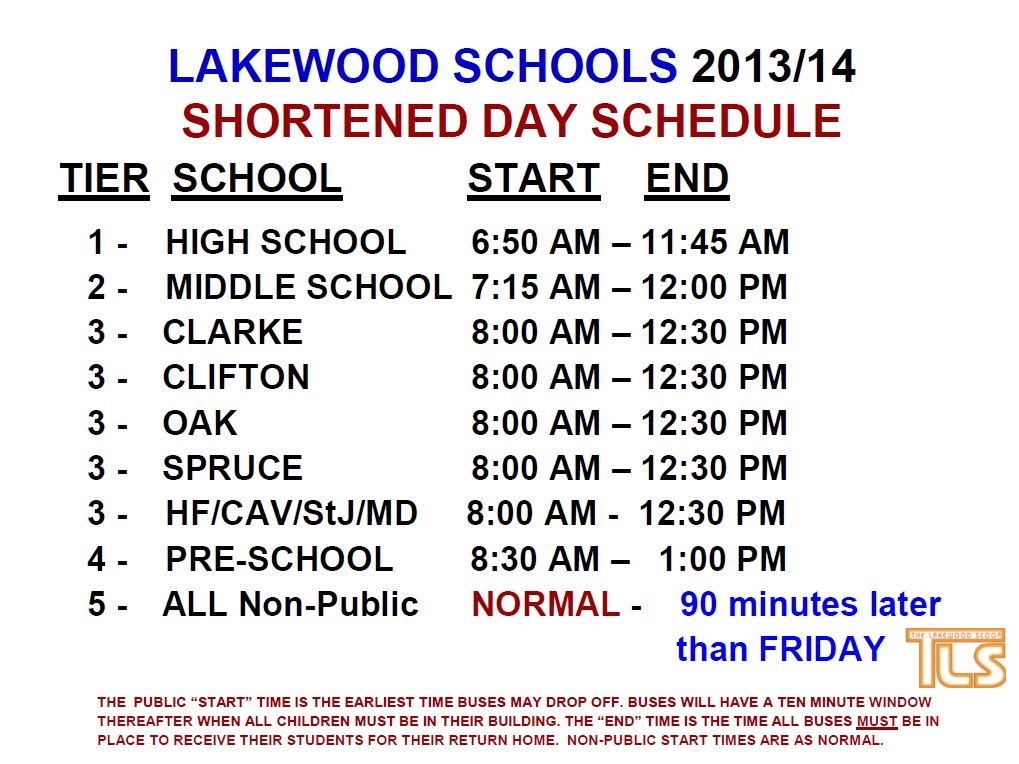 Lakewood on Shortened Day Schedule for Busing, Public Schools; Charts