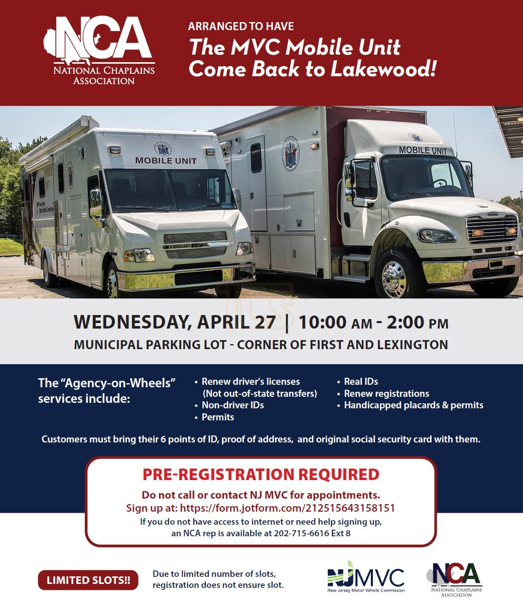 NJ MVC Mobile Unit returning to Lakewood; Register Here NCA The